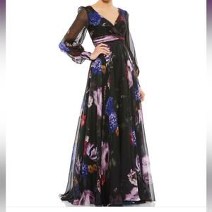 Mac Duggal Black Floral Print Chiffon Long Sleeve Maxi Dress 67872 Women’s Sz 6
